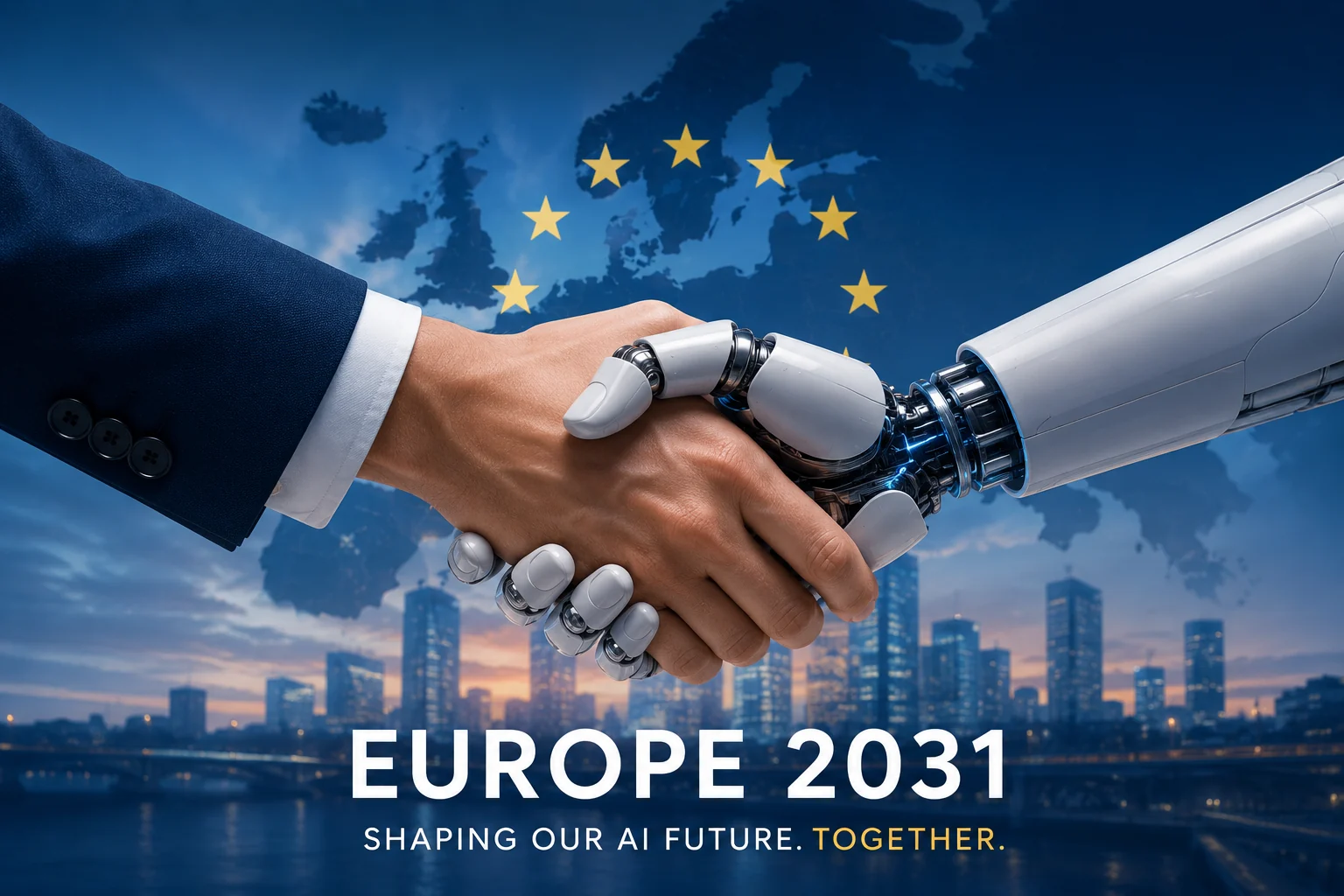 Europe 2031 — Handschlag zwischen Mensch und KI vor der Silhouette Europas
